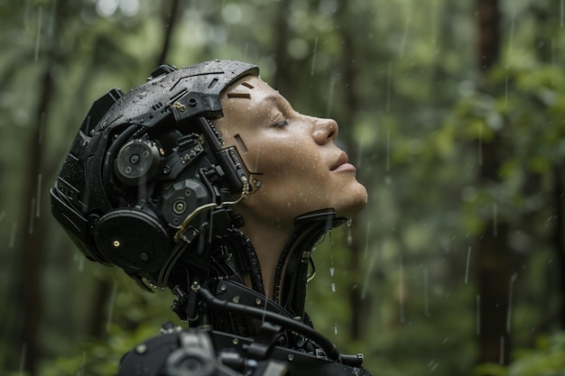 A highly detailed cyborg with a humanlike face eyes closed feeling the rain on its body