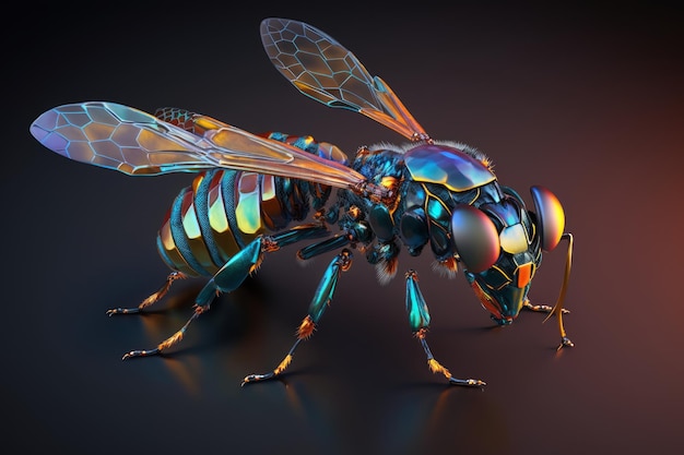 Photo a highly detailed futuristic bee with metallic wings and vibrant colors showcasing a cybernetic and hightech design