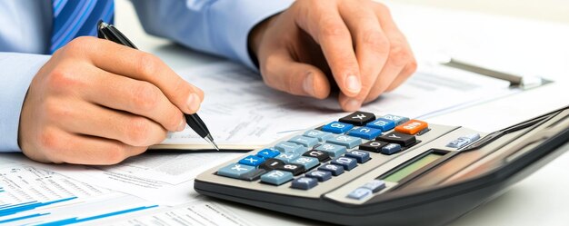 Photo a highly detailed image of an accountant working on financial documents with a calculator and laptop