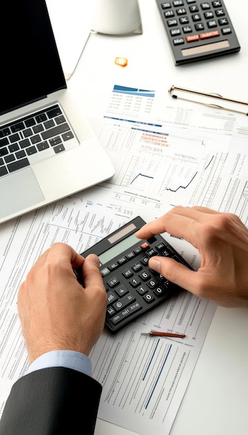 Photo a highly detailed image of an accountant working on financial documents with a calculator and laptop