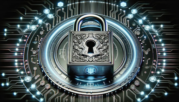 A highly detailed image of a vintage padlock superimposed on a futuristic digital circuit board symbolizing the convergence of traditional security with modern cybersecurity measures