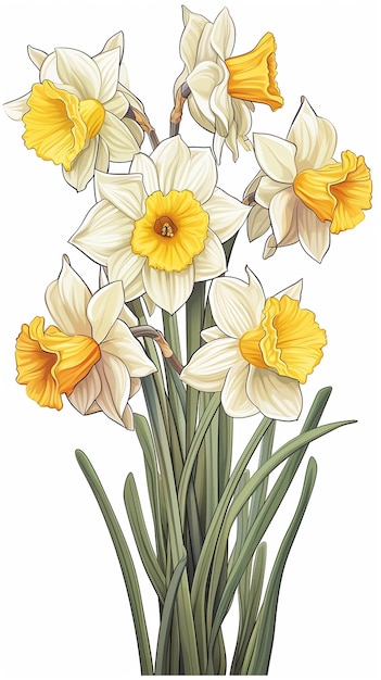 Highly Detailed Long Stem Daffodil Flowers Vector Illustration