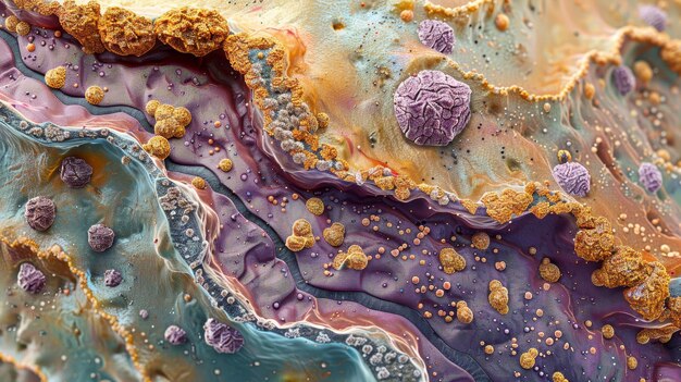 Highly detailed macro shot capturing a textured abstract landscape with rich colors