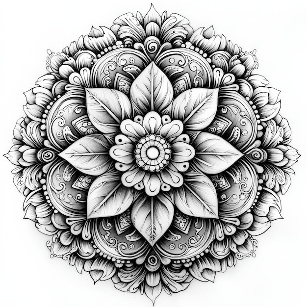 Highly detailed mandala with elaborate curving lines and botanical elements drawn in black