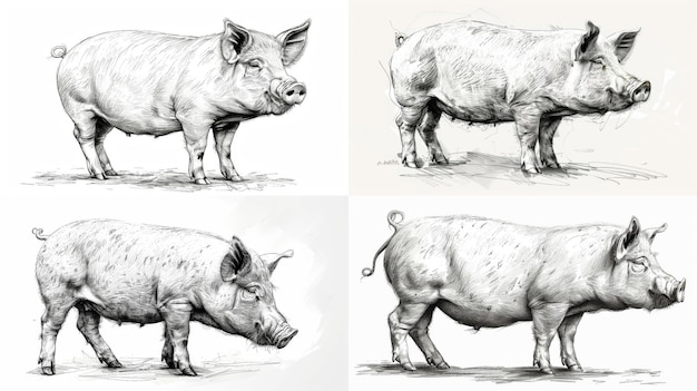 A highly detailed monochrome sketch of a domestic pig showcasing artistic shading and realistic feat