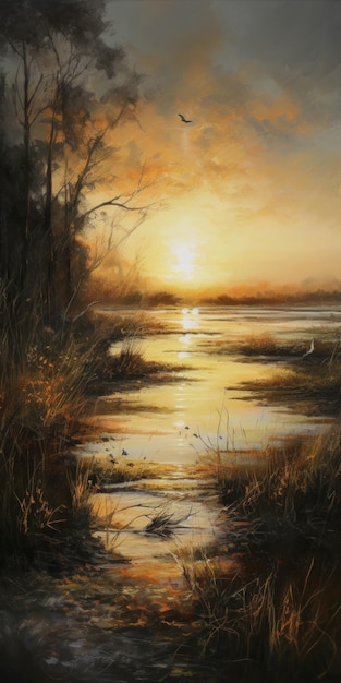 Highly Detailed Oil Painting Of Estuary At Golden Sunrise In Linkin Park Style