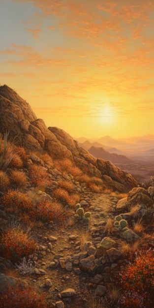 Highly Detailed Oil Painting Of Stony Desert At Golden Sunrise In Dua Lipa Style