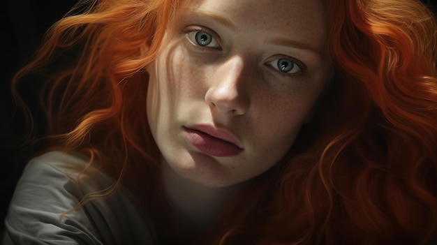 Photo a highly detailed portrait of a redheaded woman with blue eyes captivating gaze