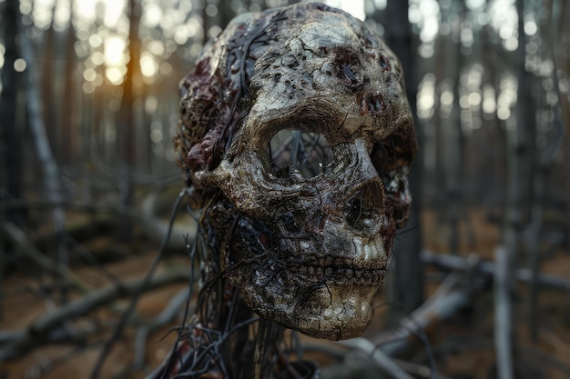 Highly detailed prosthetic skull in a gloomy forest setting with eerie lighting