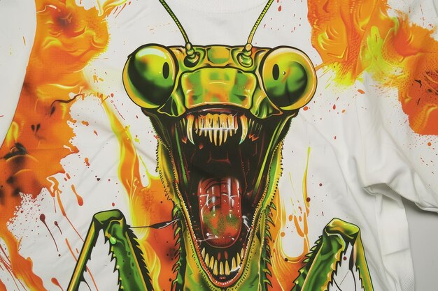 Highly detailed and vivid of a monstrous praying mantis with its jaws wide openrevealing its sharp fangsset against a dramatic backdrop of raging flames