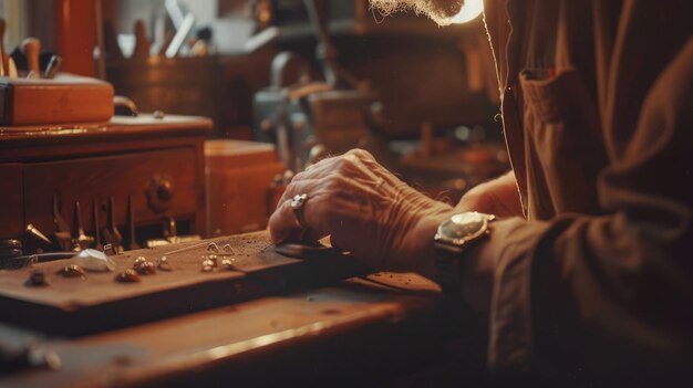 Photo a highly skilled artisan meticulously crafting exquisite jewelry in a traditional workshop setting aig58