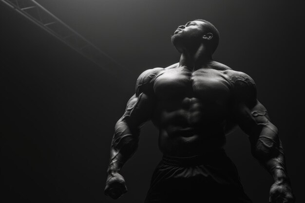 A highlydefined muscular bodybuilder strikes a powerful pose under focused lighting that highlights