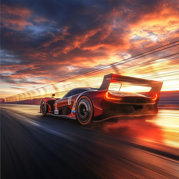 A highperformance endurance racing car driving through a 24hour race track at sunset