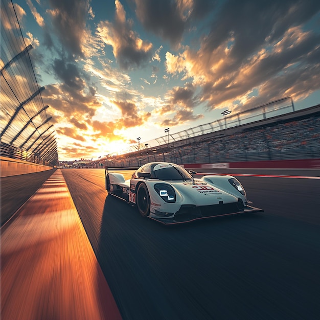 A highperformance endurance racing car driving through a 24hour race track at sunset