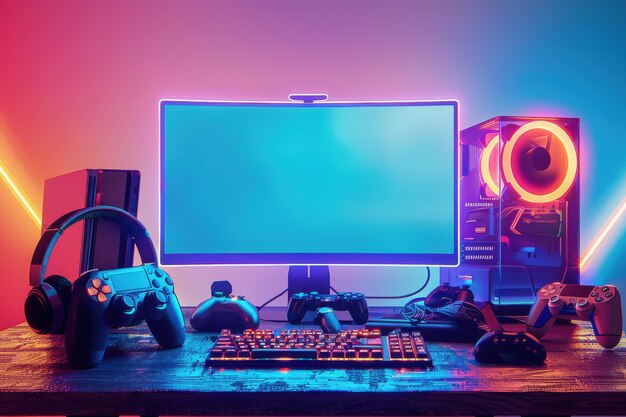 HighPerformance Gaming PC Setup with Controllers Headset and Neon Lights Perfect for gaming streaming and esports