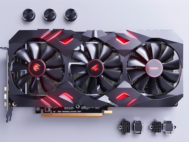 Photo highperformance graphics card with three cooling fans and modular connectors on a light background