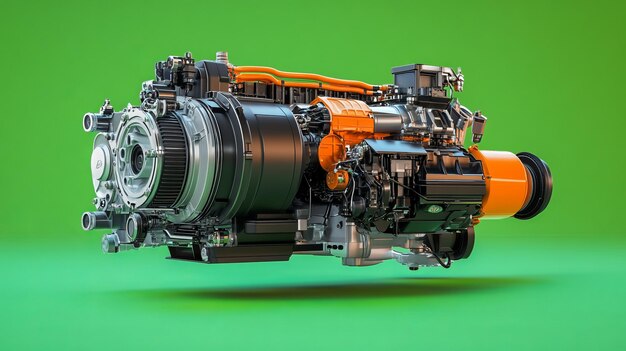 Photo a highperformance hybrid engine with both electric motor and combustion engine in motion isolated on a green background highlighting its seamless integration