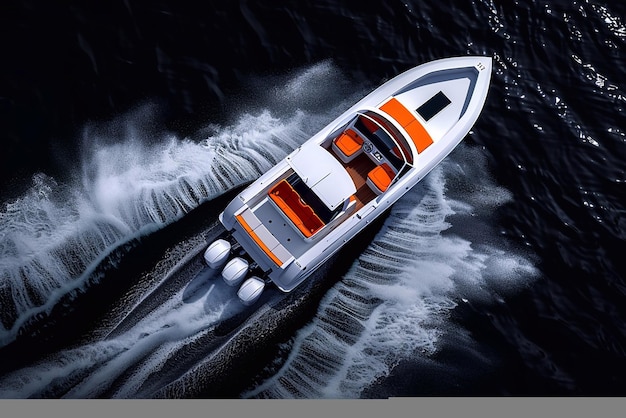 A highperformance motorboat with striking orange seats speeding across dark a topdown perspective