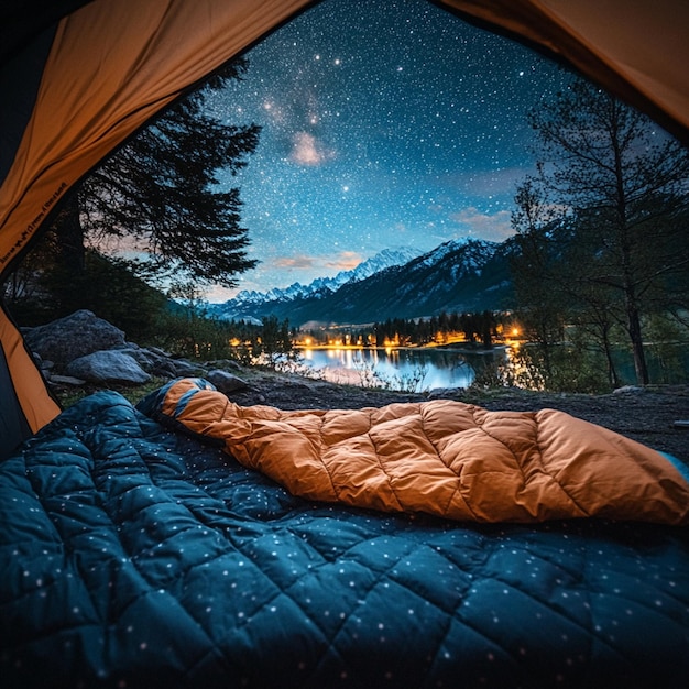 Highperformance sleeping bag in a tent setup with a starry night sky