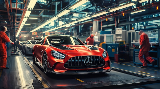 HighPerformance sports car on production line in modern automotive factory