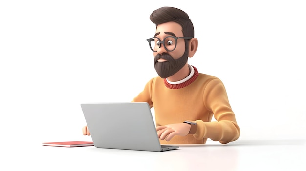 Highquality 3D cartoon render of a man working on a laptop Detailed 3D animated character at a des