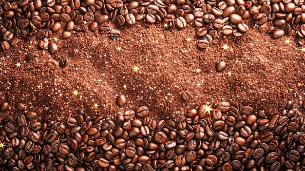 HighQuality Closeup Texture of Roasted Coffee Beans with Golden Sparkles Background for Gourmet