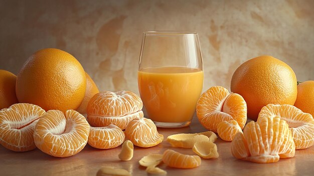 Photo highquality food photo of fresh oranges peels slices and a glass of orange juice