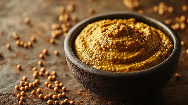 Photo highquality food photo of mustard seeds and mustard paste on a rustic background