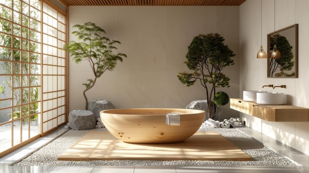 Photo highquality image of a contemporary japanese bathroom with a hinoki wood tub natural stone accents and minimalist design