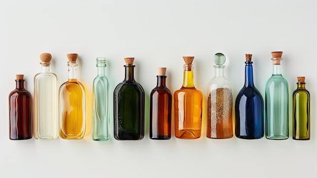 Highquality image of a variety of oil glass bottles arranged on a white background