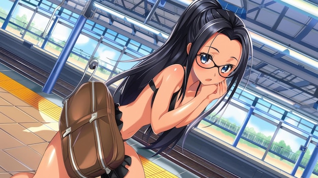 Highquality manga art of a mature woman in black stockings and glasses with a handbag