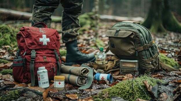 Photo highquality photo of a backpack with a compass and a first aid kit illustrating a navigator in the taiga and emergency medicines in a red bag with a white cross