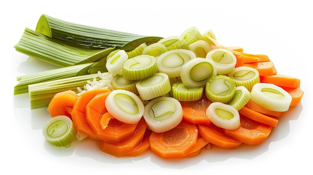 Highquality photo of leeks cooked in olive oil Zeytinyagli Pirasa with carrot slices and rice isolated on white