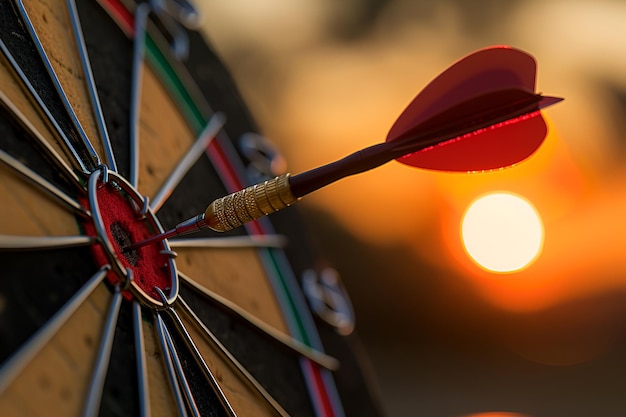 HighQuality Photo of Red Arrow Hitting Bullseye Against Dramatic Sunset with Retro Darts Board