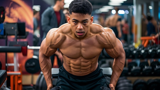 A highquality photo of a young muscular man in the gym