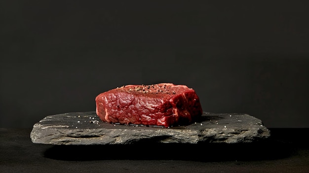 Photo highquality raw steak on a stone board in a dark setting perfect image for food blogs restaurant menus and culinary websites photorealistic style with a premium meat accent ai