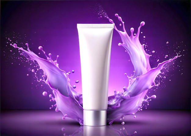 HighQuality Rendered Image of White Cosmetic Tube with Purple Liquid Effects