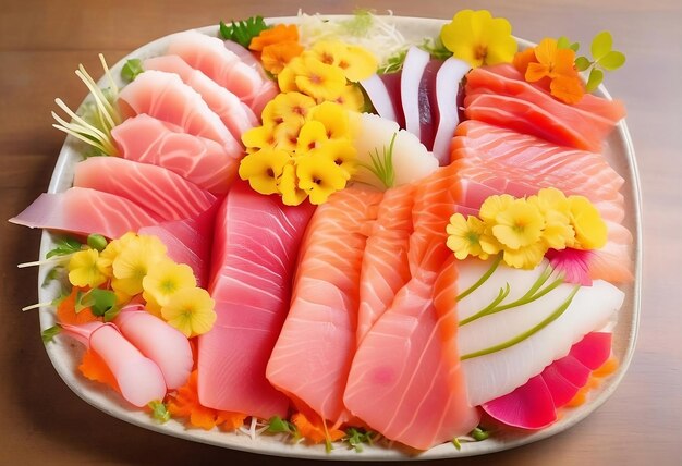 HighQuality Sashimi Plate Garnished with Edible Flowers and Microgreens