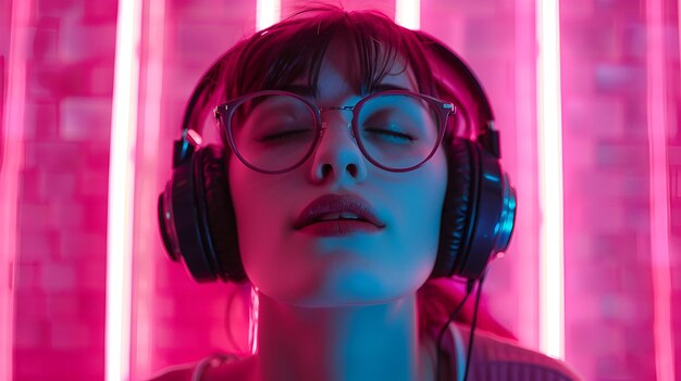 Photo highres cinematic photo of girl immersed in music with neon lights amp pink background arri camera