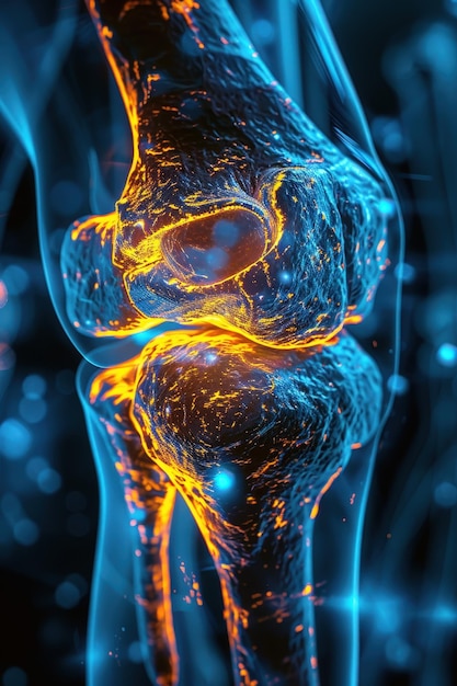 Highresolution 3D illustration of a human knee joint highlighting nerves and ligaments with glowing blue and orange effects