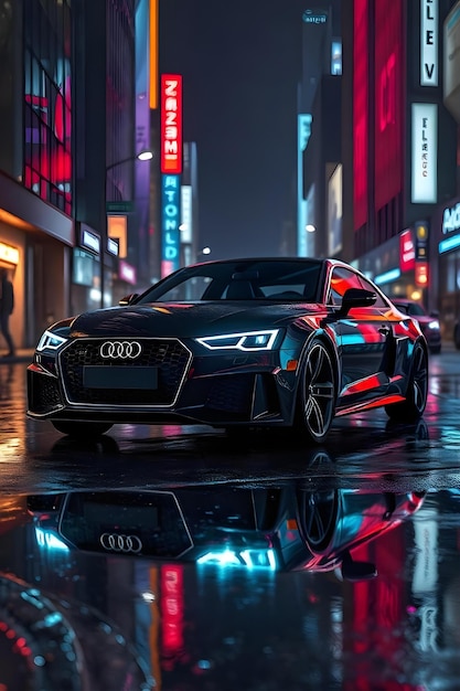 Photo highresolution 3d model of sporty audi in nighttime city environment with neon lights