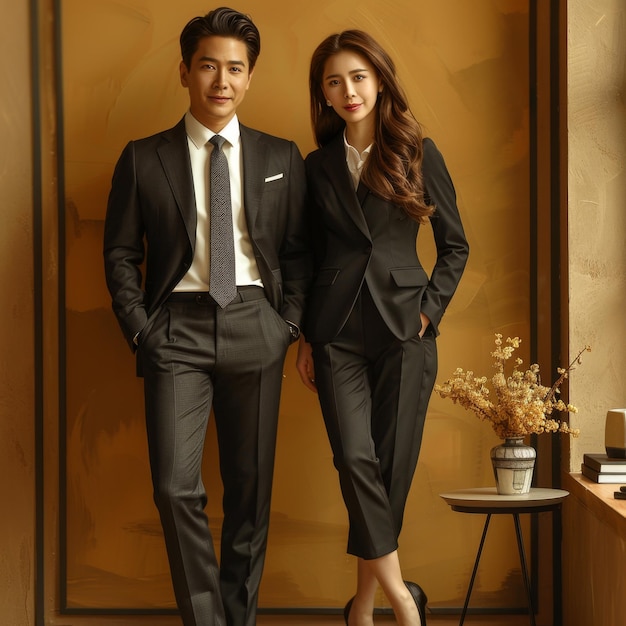 Photo highresolution ai image of mens and womens business attire featuring the color of the suit