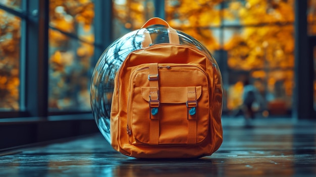 Photo highresolution ai image of a school backpack covered by a glass sphere with window highly detaile