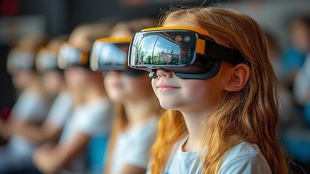 Highresolution backtoschool image of children in a classroom using realistic glasses to explore technology