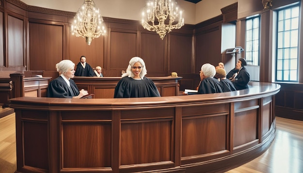 Photo a highresolution image of a courtroom with a judge lawyers and defendant