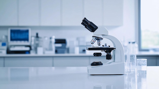 A highresolution image of a cuttingedge microscope in a clean minimalist lab The microscope