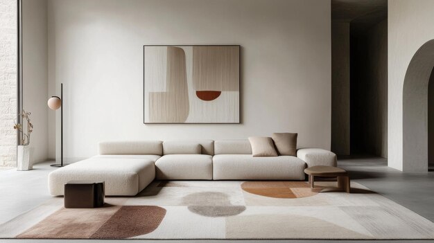 A highresolution image of a minimalist living room with a neutral color palette including a lowprofile sofa a geometric rug and modern art on the walls