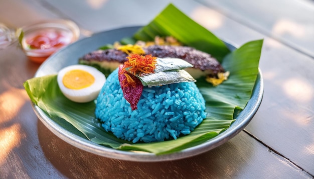 A highresolution image of Nasi Kerabu a vibrant blue rice dish served with grilled fish sambal