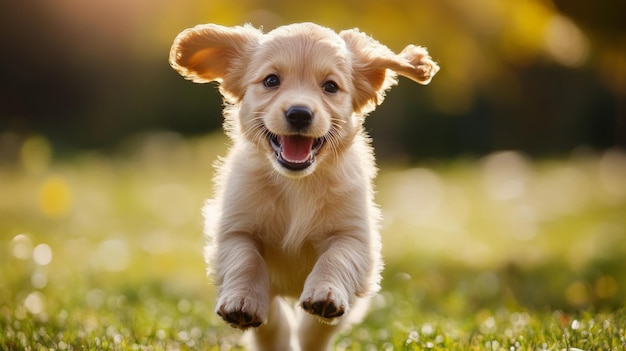 Photo a highresolution image of a playful puppy running joyfully through a sunny park with its ears flapping and a happy expression on its face