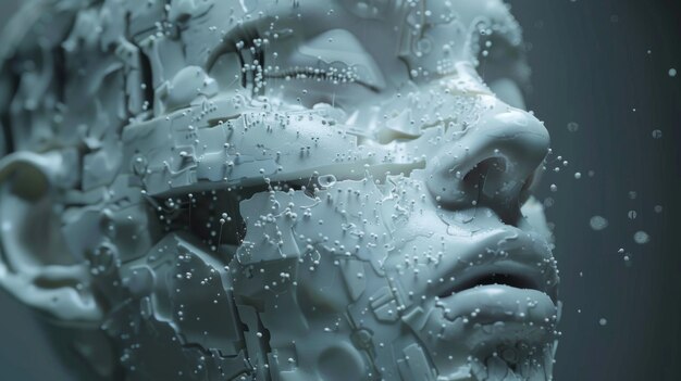 Photo highresolution image showcasing a digital sculpture of a human face with artistic water droplets